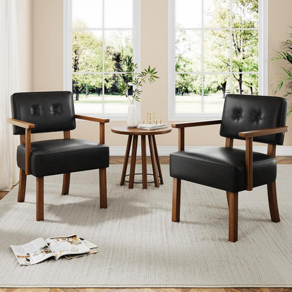 Lounge Sessel Schwarz | Bequemer Wohnzimmerstuhl mit Holzbeinen in Lederoptik