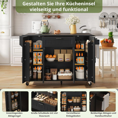 Klappbare Kücheninsel mit Stauraum & Rollen – Schwarz