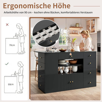 Kücheninsel mit Arbeitsplatte & Hockern – Schwarz