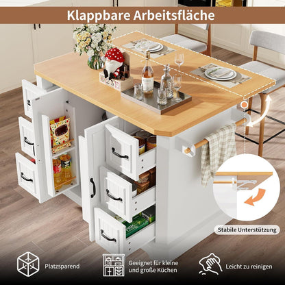 Küchenwagen mit Rollen & Ausziehbarer Arbeitsplatte Weiß