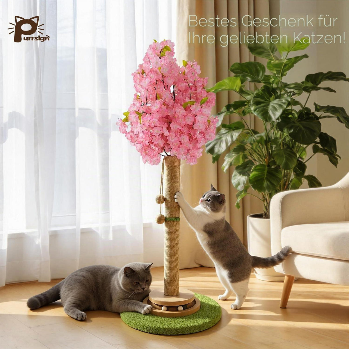 Kirschblüten Kratzbaum für Katzen – 91cm, Sisal & Trackball