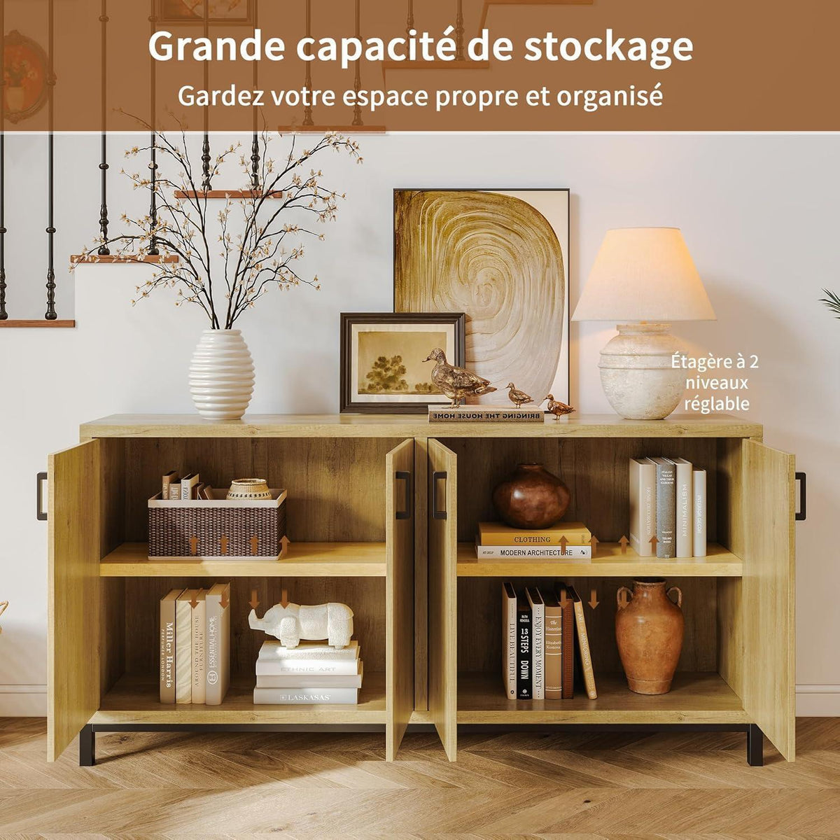 Moderne Kommode 160cm Holzoptik mit 4 Türen & Arbeitsplatte