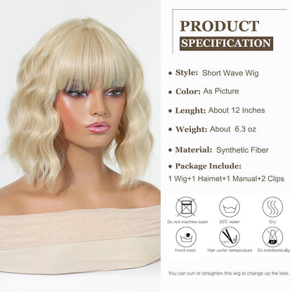 Blonde Bob Perücke mit Pony – Schulterlang, Wellig, Synthetisch