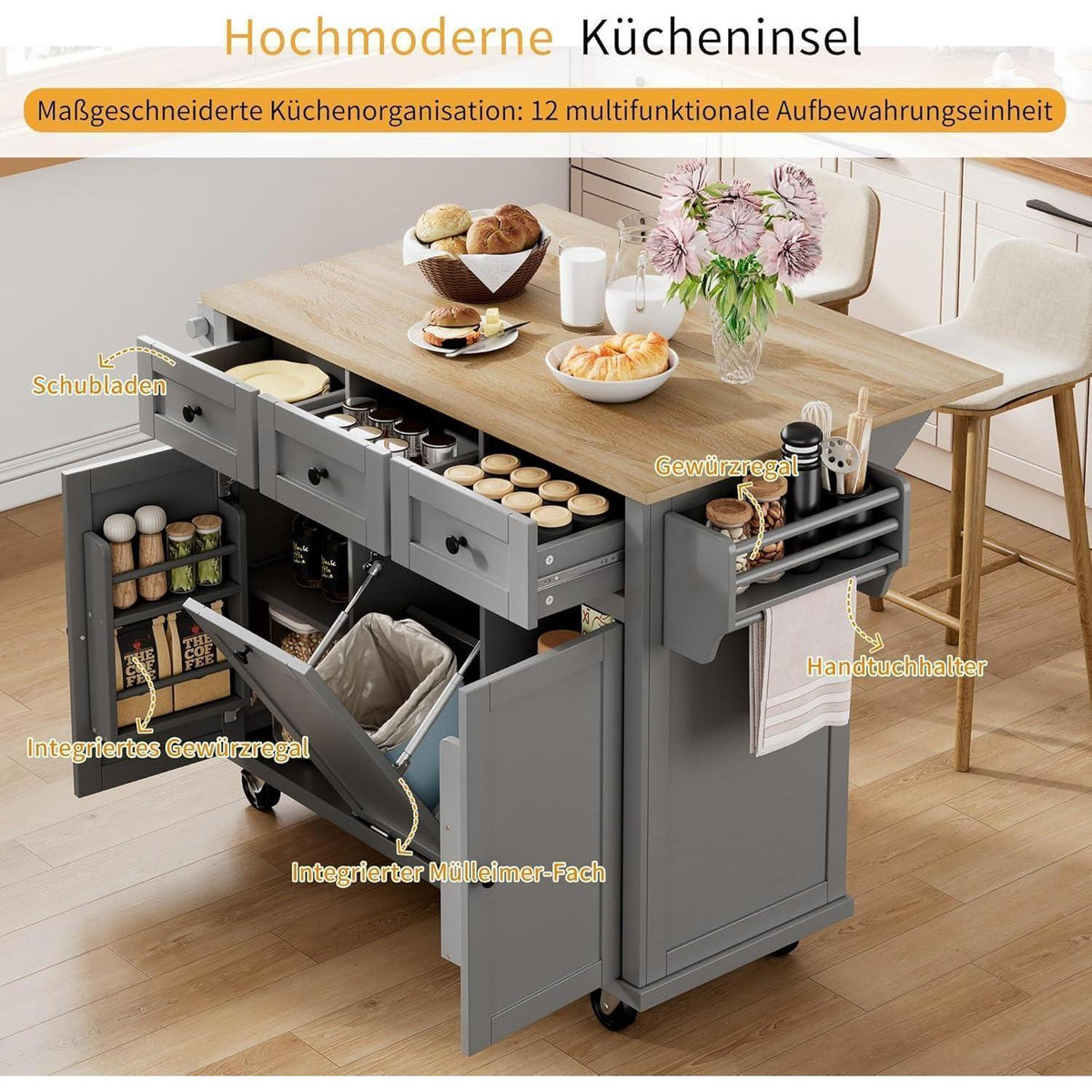 Mobile Kücheninsel mit Ausziehtisch & Abfallbehälter (Grau)