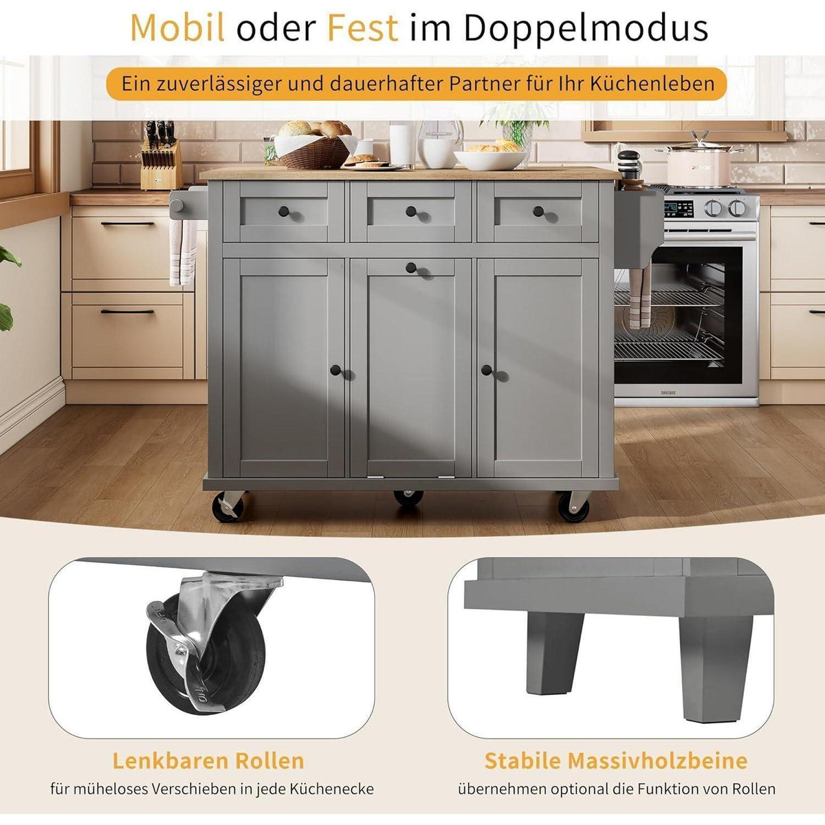 Mobile Kücheninsel mit Ausziehtisch & Abfallbehälter (Grau)