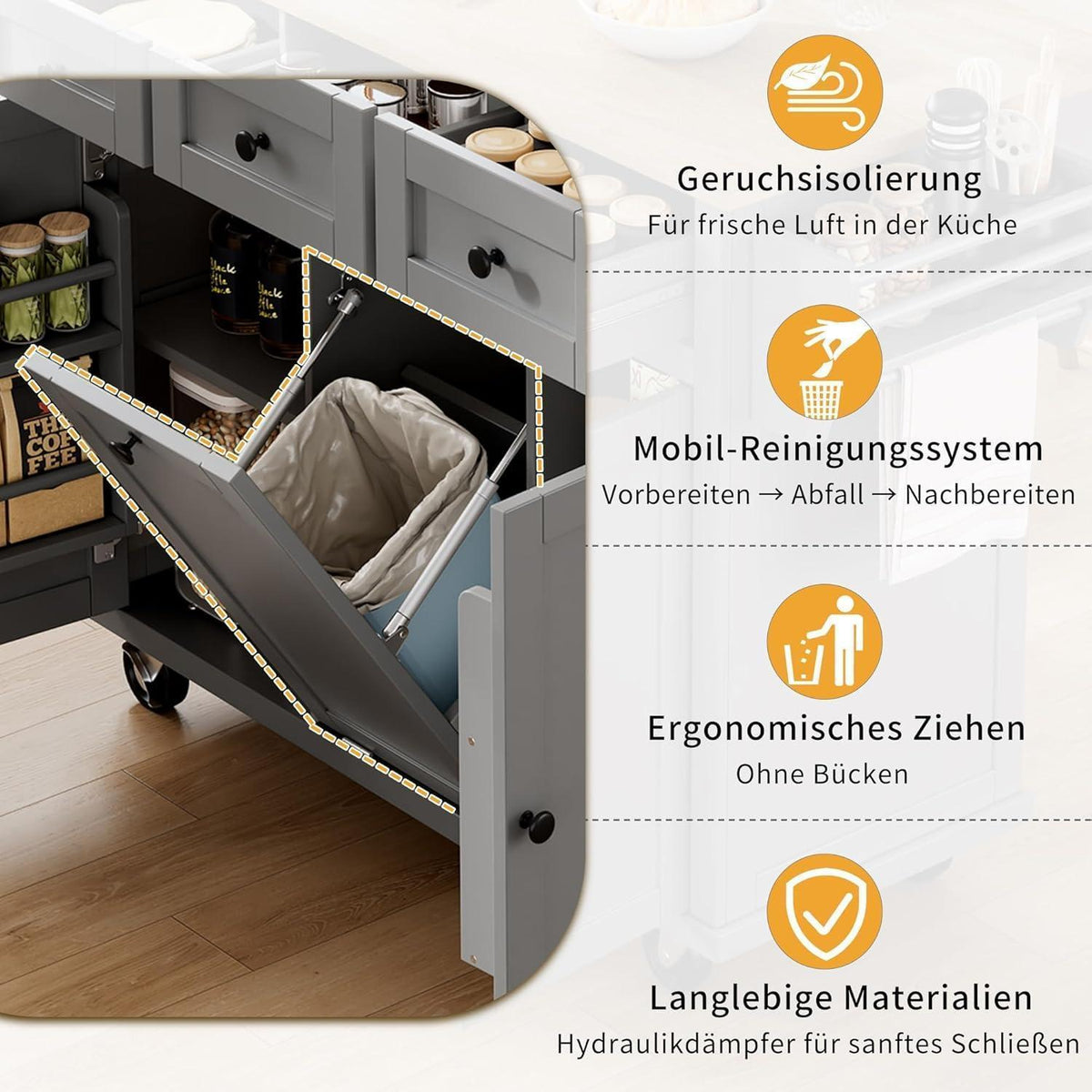 Mobile Kücheninsel mit Ausziehtisch & Abfallbehälter (Grau)