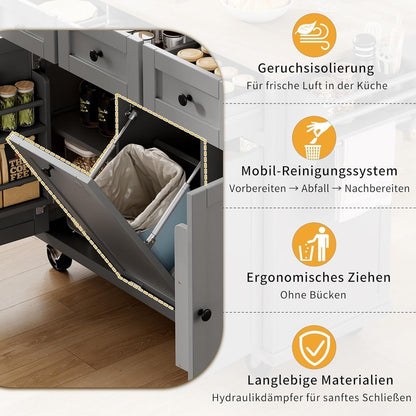 Mobile Kücheninsel mit Ausziehtisch & Abfallbehälter (Grau)