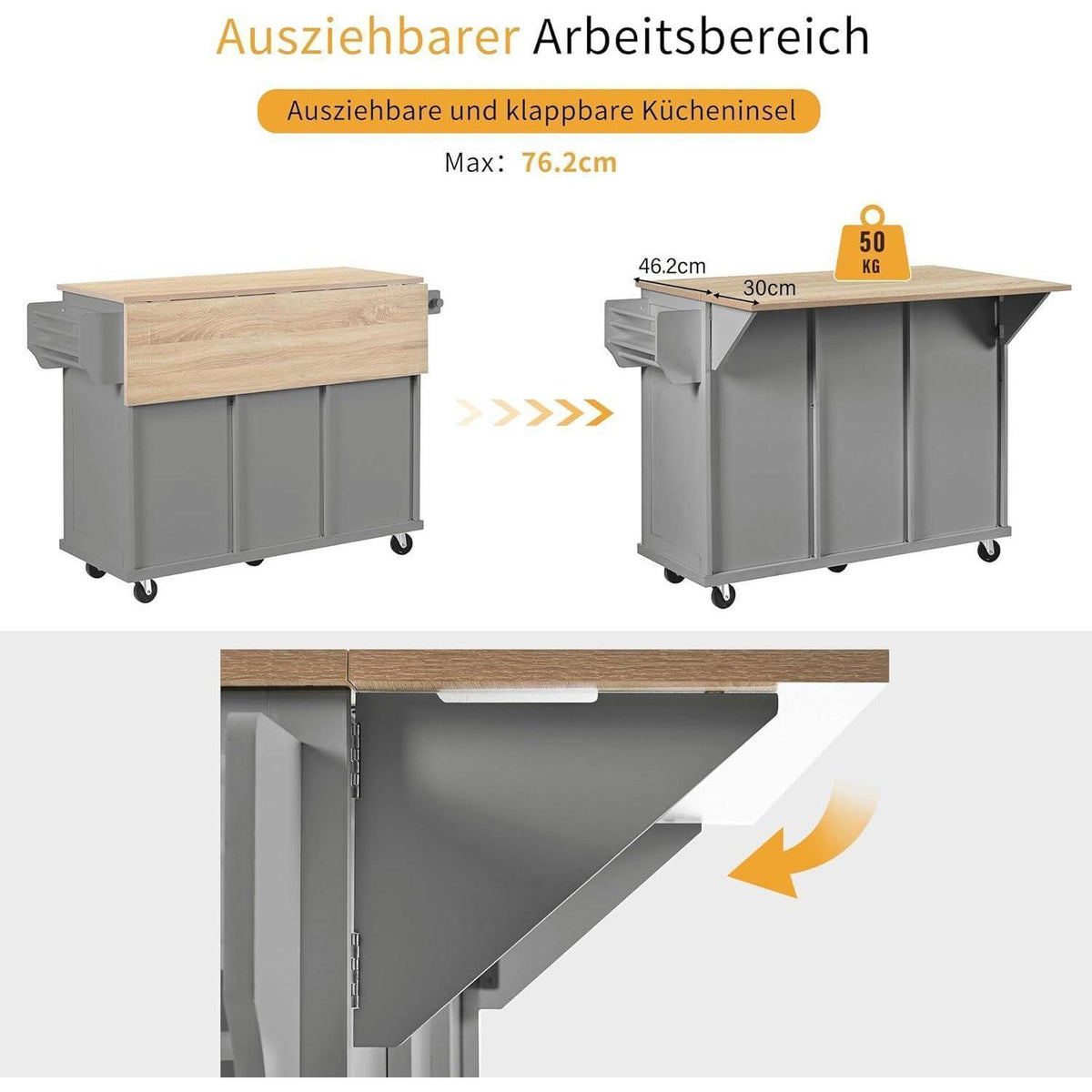 Mobile Kücheninsel mit Ausziehtisch & Abfallbehälter (Grau)