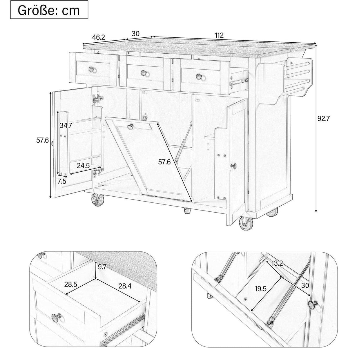 Mobile Kücheninsel mit Ausziehtisch & Abfallbehälter (Grau)