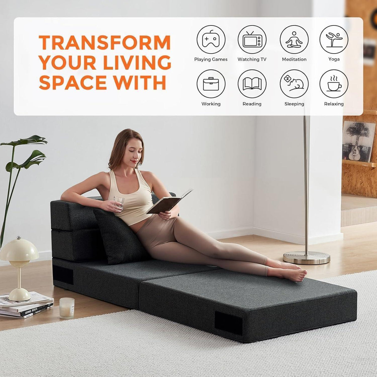 Klappbarer Schlafsessel 4-in-1 – Schwarz, Platzsparendes Futon-Sofa