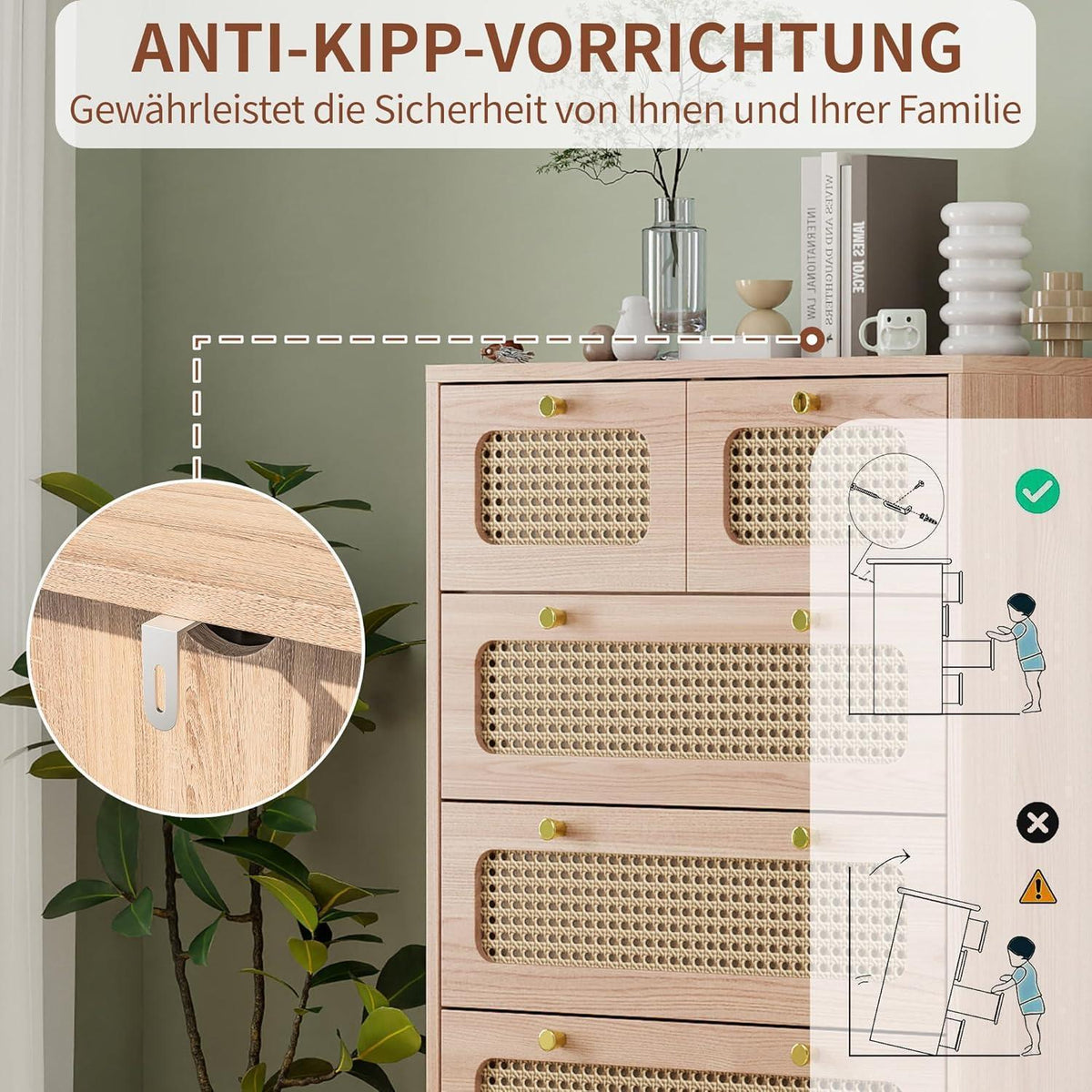 Kommode 5 Schubladen Holz Rattan Boho Sideboard mit Anti-Kipp-Sicherung