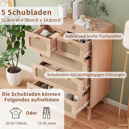 Kommode 5 Schubladen Holz Rattan Boho Sideboard mit Anti-Kipp-Sicherung