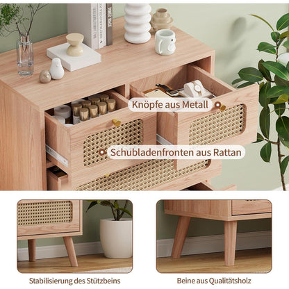 Kommode 5 Schubladen Holz Rattan Boho Sideboard mit Anti-Kipp-Sicherung