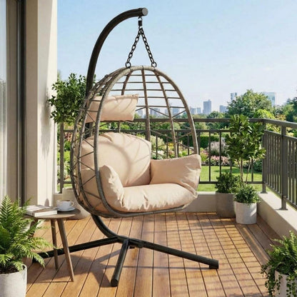 Rattan Hängesessel mit Gestell – Klappbar & Wetterfest – Grau/Beige