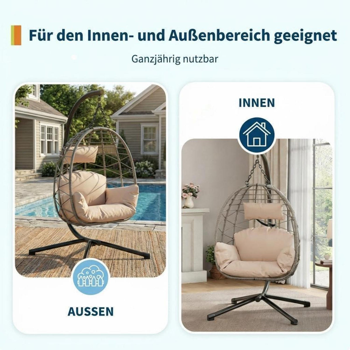 Rattan Hängesessel mit Gestell – Klappbar & Wetterfest – Grau/Beige