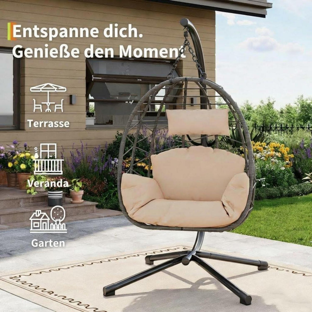 Rattan Hängesessel mit Gestell – Klappbar & Wetterfest – Grau/Beige