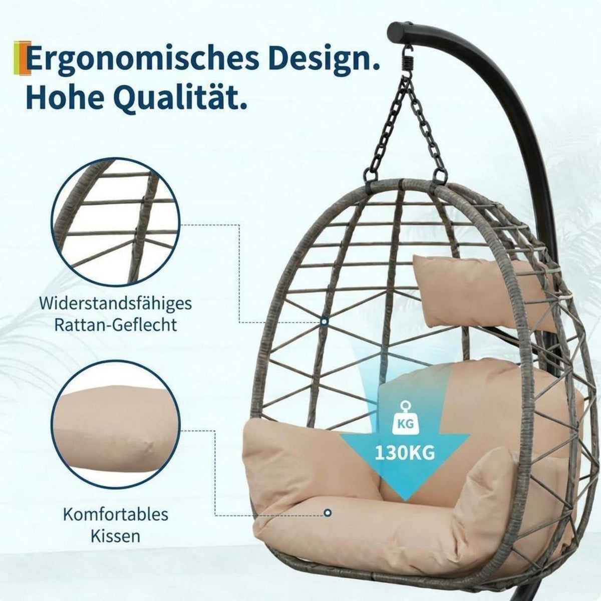Rattan Hängesessel mit Gestell – Klappbar & Wetterfest – Grau/Beige