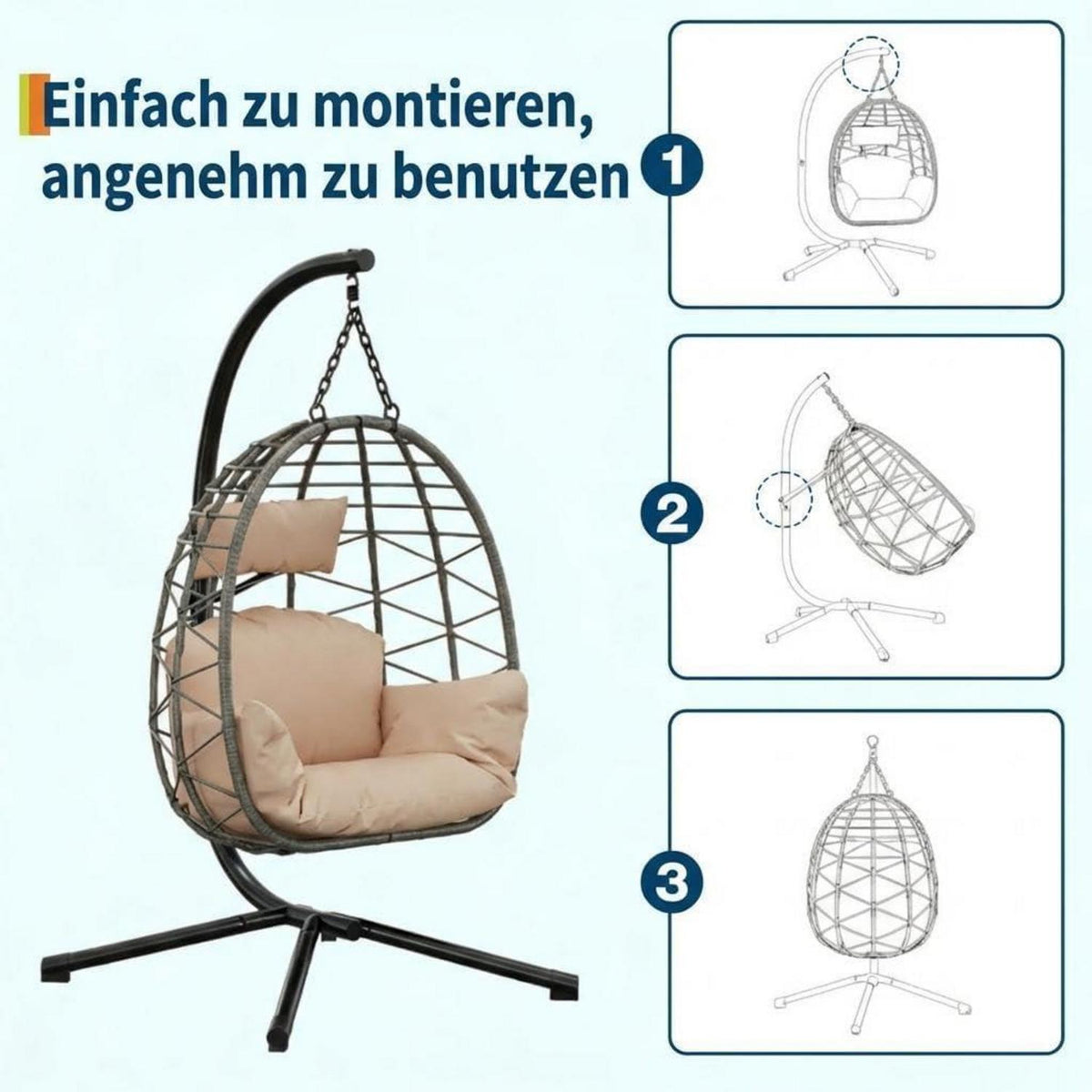 Rattan Hängesessel mit Gestell – Klappbar & Wetterfest – Grau/Beige