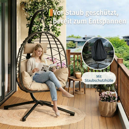 Rattan Hängesessel mit Gestell – Klappbar & Wetterfest – Grau/Beige