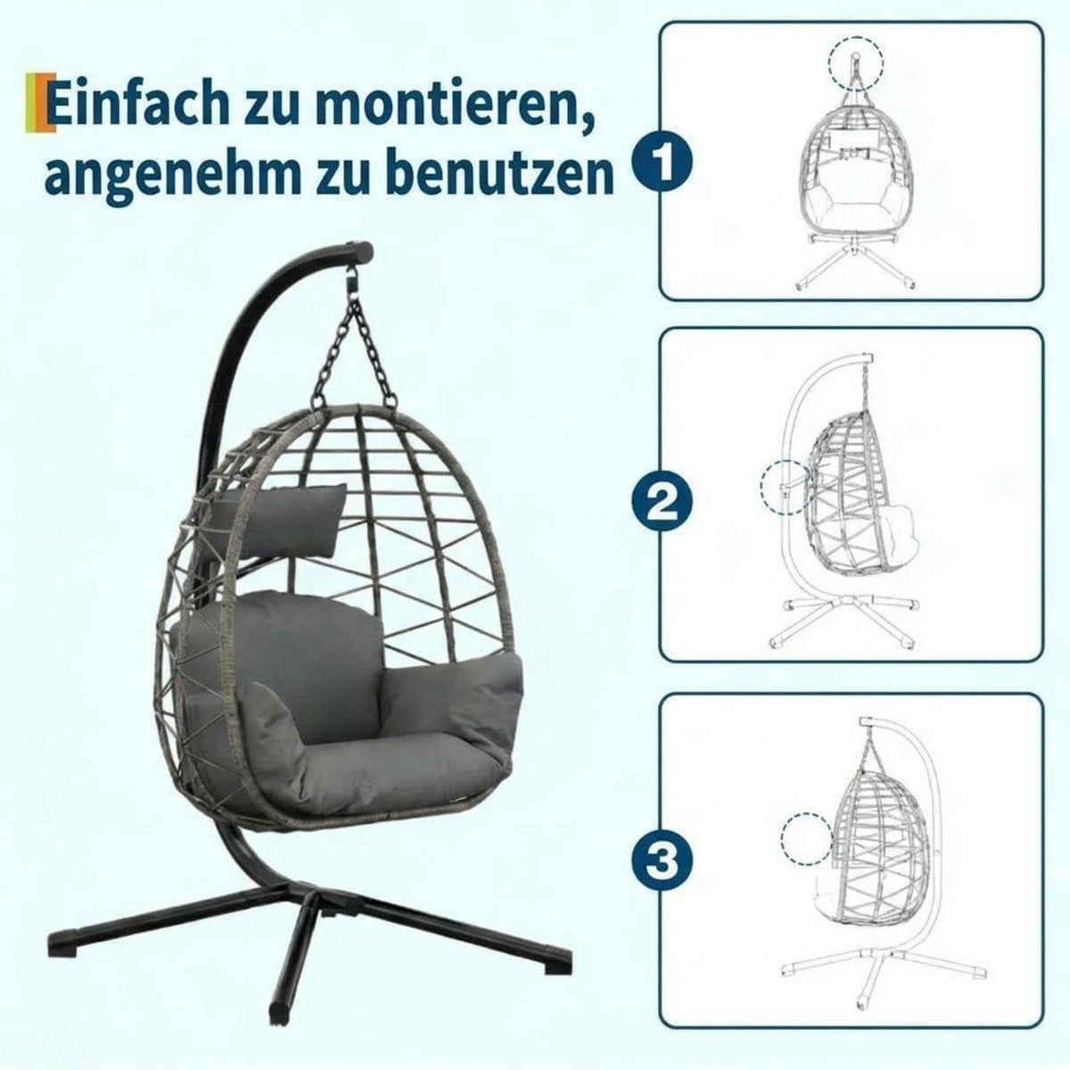 Rattan Hängesessel mit Gestell – Klappbar & Wetterfest – Grau