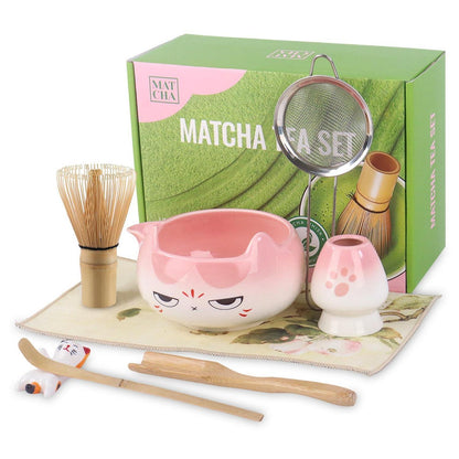Matcha Set 8-teilig mit Katzenmotiv – Rosa Matcha Tee Zubehör