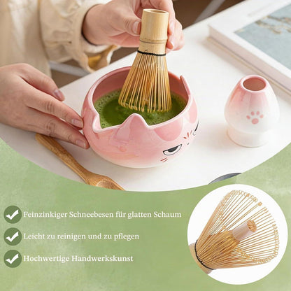 Matcha Set 8-teilig mit Katzenmotiv – Rosa Matcha Tee Zubehör