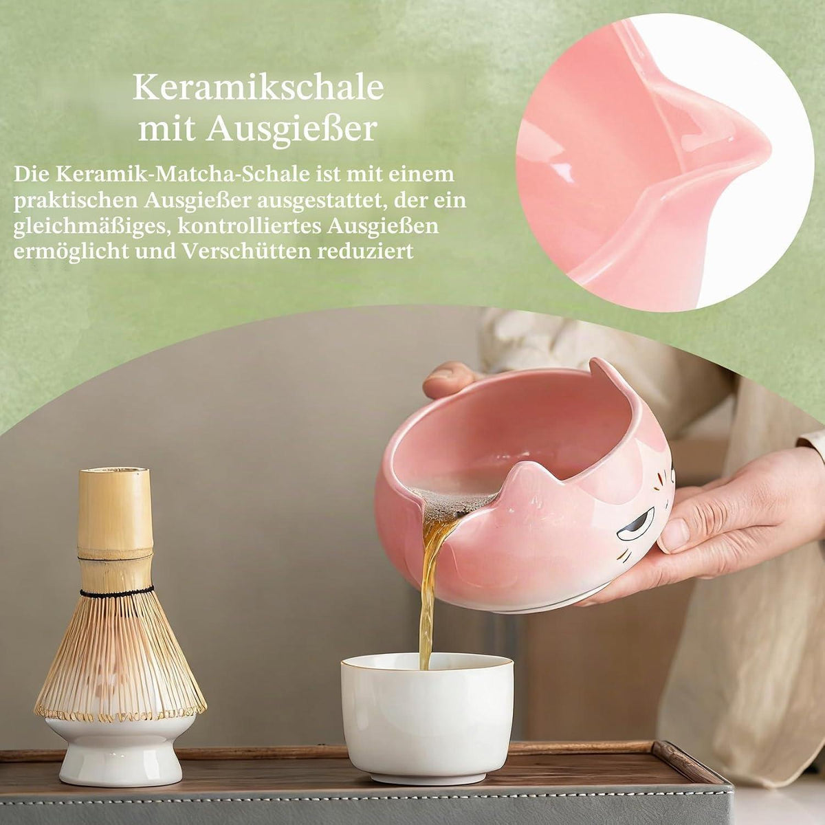 Matcha Set 8-teilig mit Katzenmotiv – Rosa Matcha Tee Zubehör