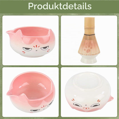 Matcha Set 8-teilig mit Katzenmotiv – Rosa Matcha Tee Zubehör