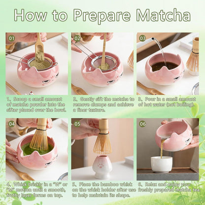 Matcha Set 8-teilig mit Katzenmotiv – Rosa Matcha Tee Zubehör