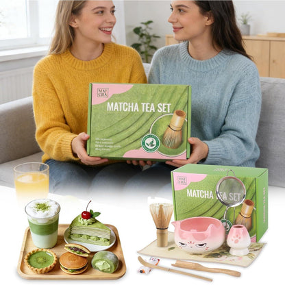 Matcha Set 8-teilig mit Katzenmotiv – Rosa Matcha Tee Zubehör