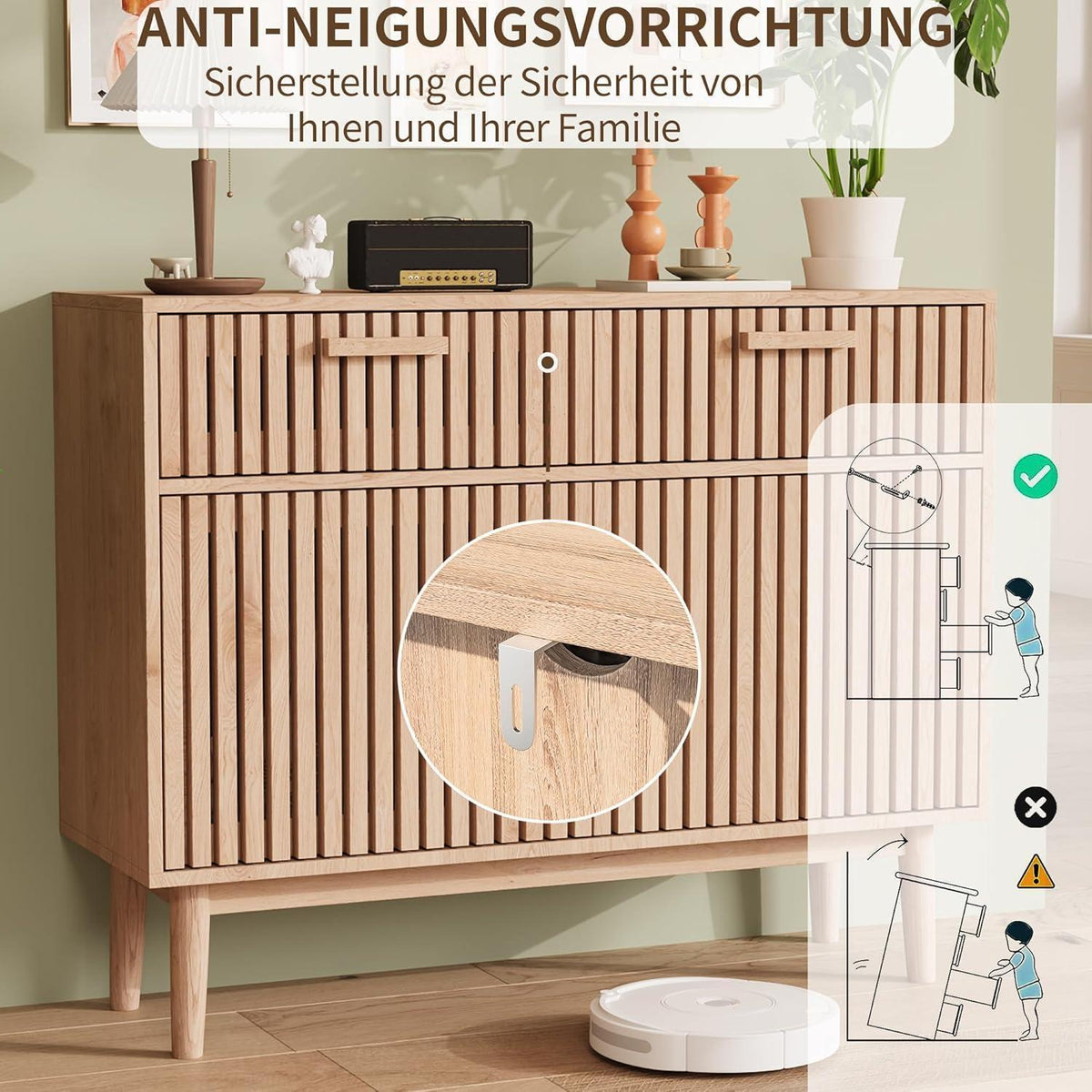 Sideboard Kommode Holz 2 Türen 2 Schubladen Naturholzfarbe
