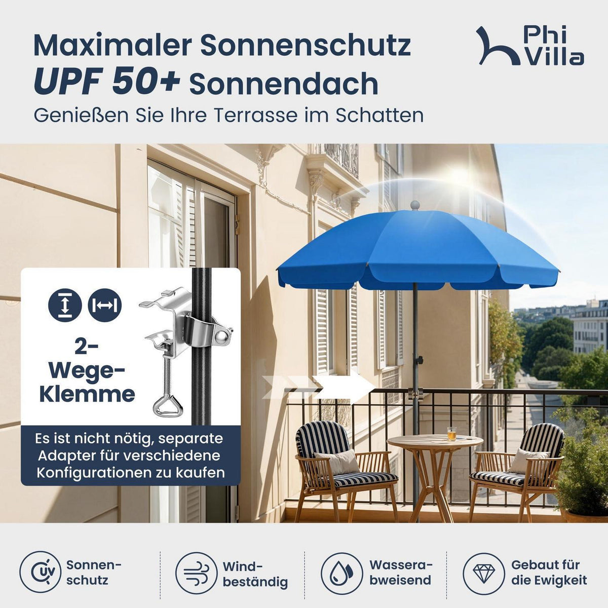 Sonnenschirm Ø175cm Höhenverstellbar mit Hülle & Klemme, UV50+