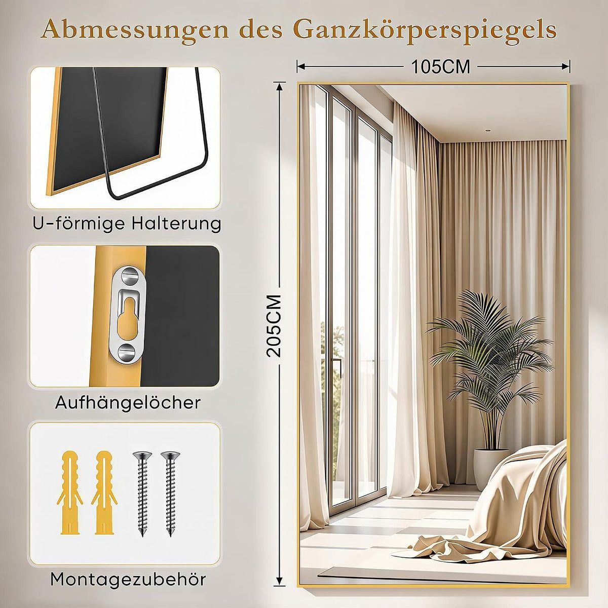 Ganzkörperspiegel Standspiegel 205x104cm Gold Modern