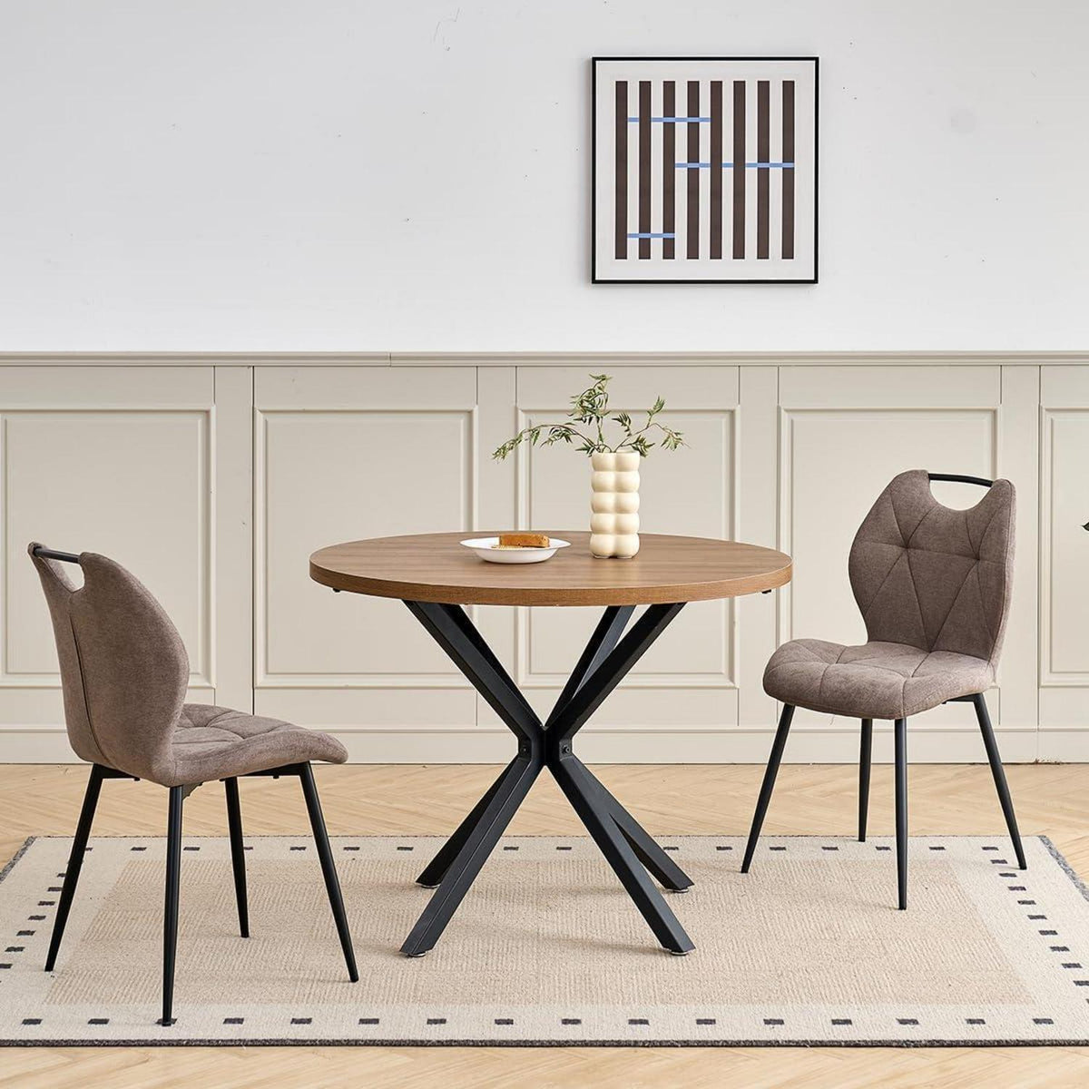Runder Esstisch Set mit 4 Polsterstühlen im Nordic Stil