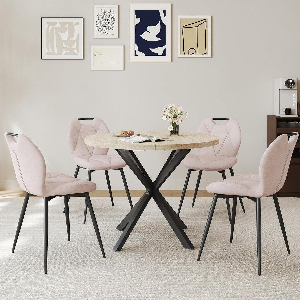 Runder Esstisch Set mit 4 Polsterstühlen im Nordic Stil (Gelb/Beige)
