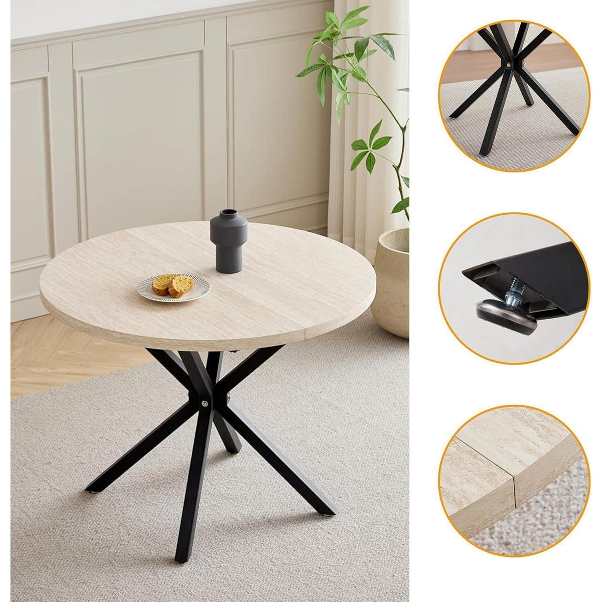 Runder Esstisch Set mit 4 Polsterstühlen im Nordic Stil (Gelb/Beige)