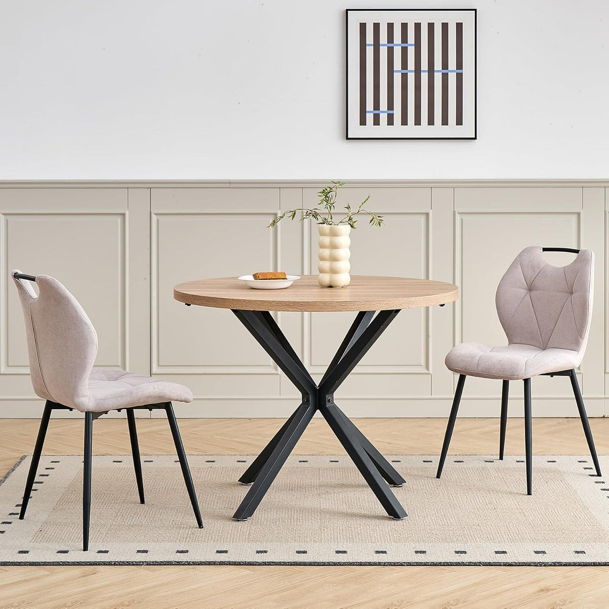Runder Esstisch Set mit 4 Polsterstühlen im Nordic Stil