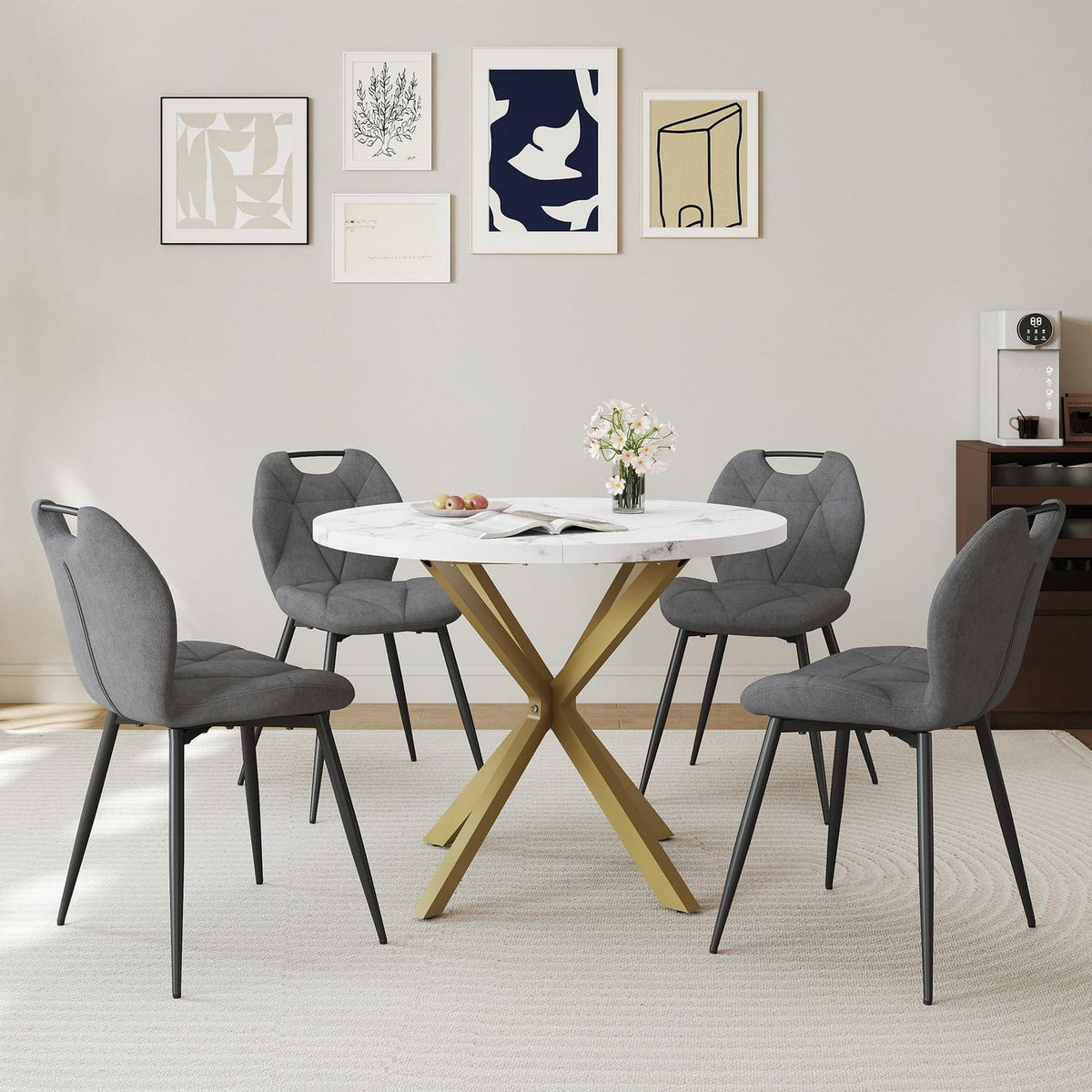 Runder Esstisch Set mit 4 Polsterstühlen im Nordic Stil