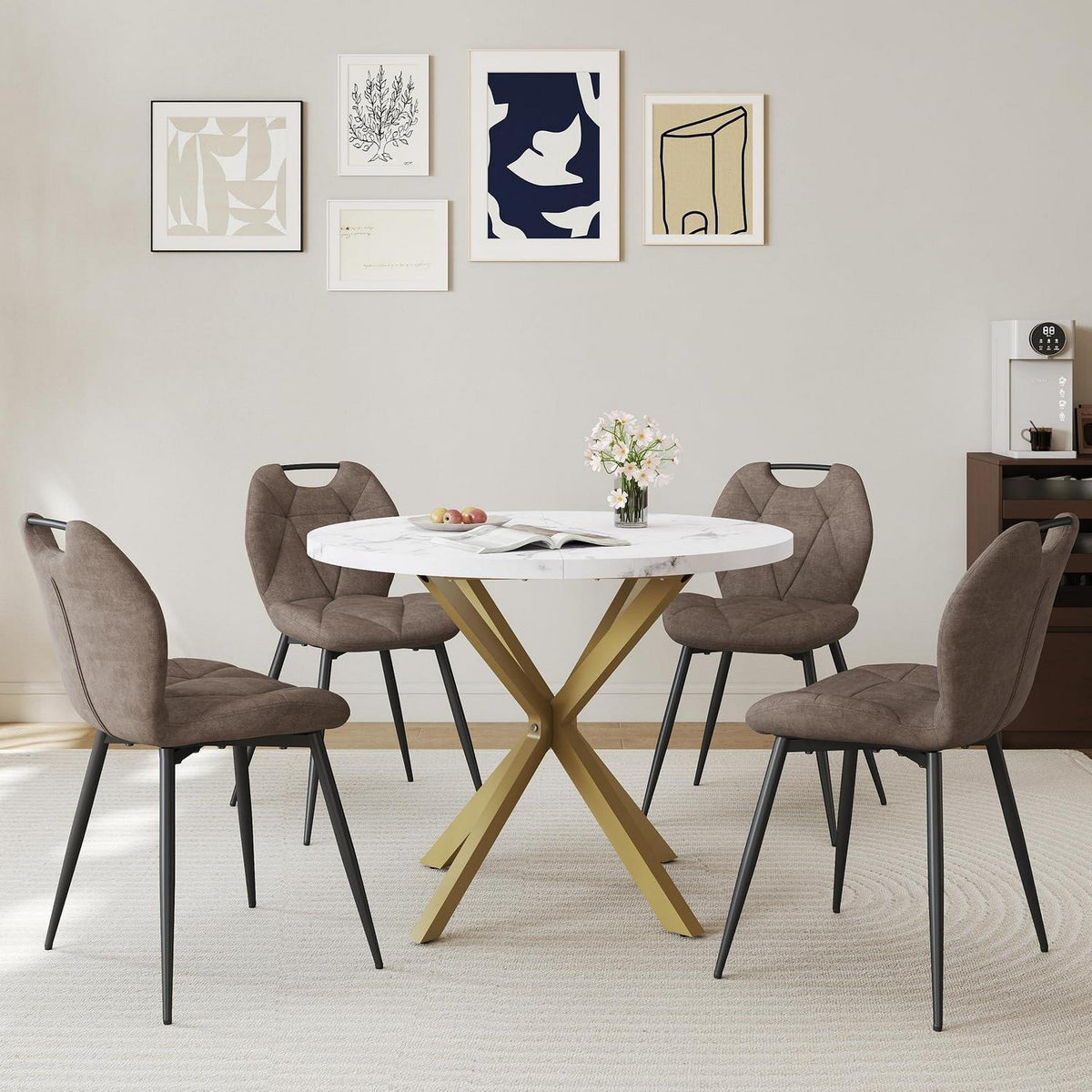 Runder Esstisch Set mit 4 Polsterstühlen im Nordic Stil