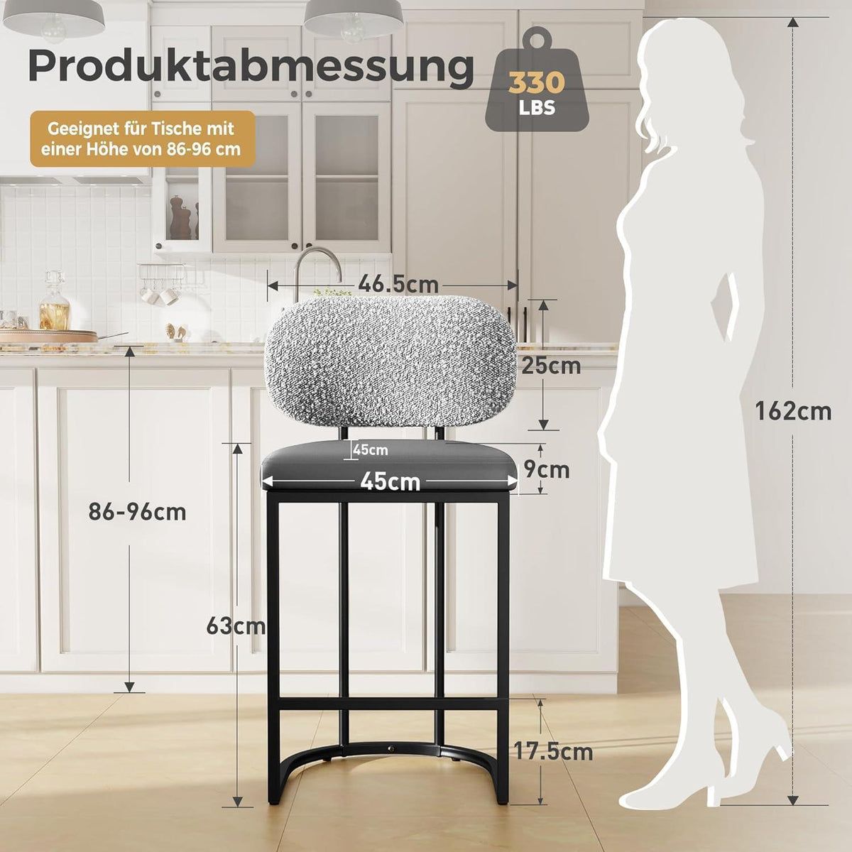 Barhocker mit Lehne & Fußstütze – Grau, Metallgestell