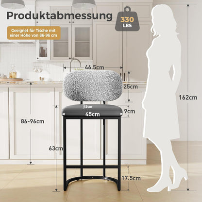 Barhocker mit Lehne & Fußstütze – Grau, Metallgestell