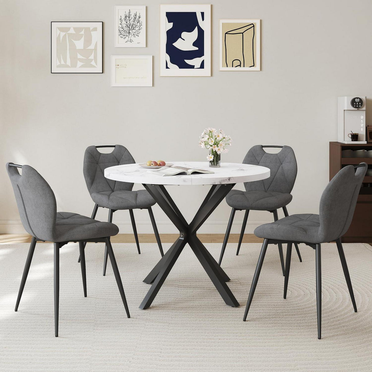 Runder Esstisch Set mit 4 Polsterstühlen im Nordic Stil