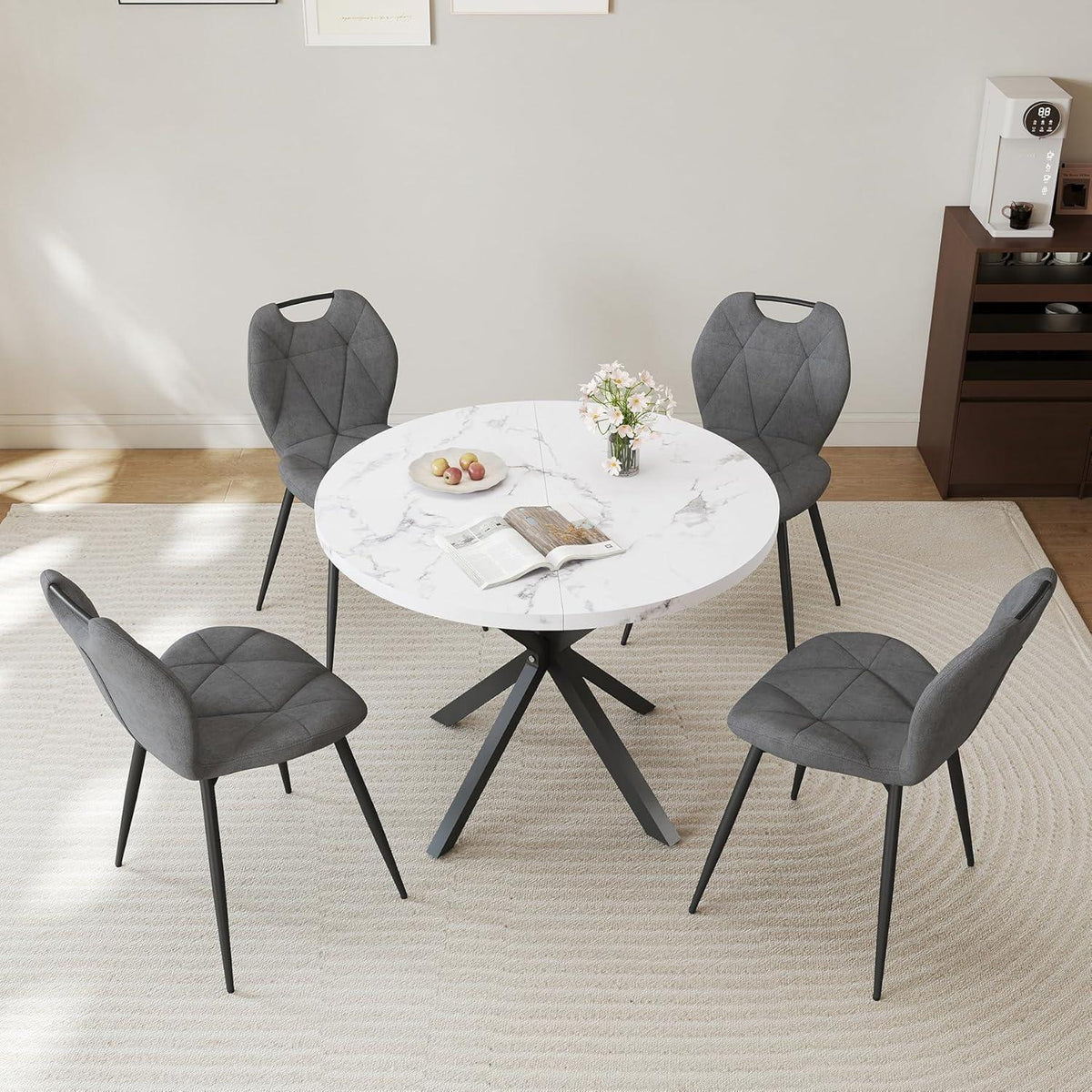 Runder Esstisch Set mit 4 Polsterstühlen im Nordic Stil