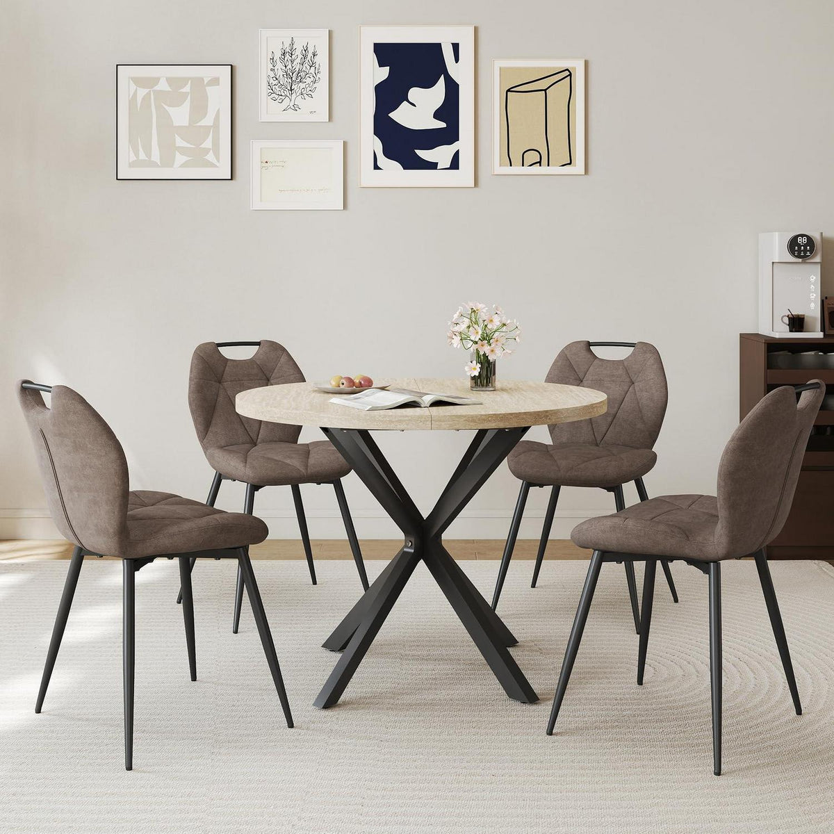 Runder Esstisch Set mit 4 Polsterstühlen im Nordic Stil (Gelb/Braun)