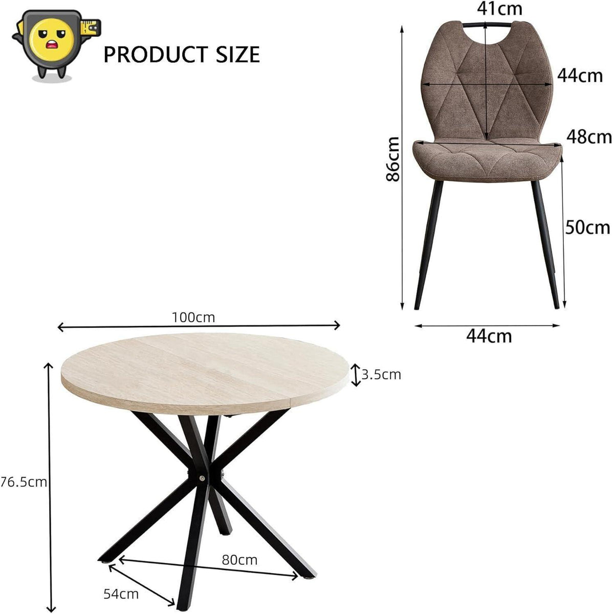Runder Esstisch Set mit 4 Polsterstühlen im Nordic Stil (Gelb/Braun)