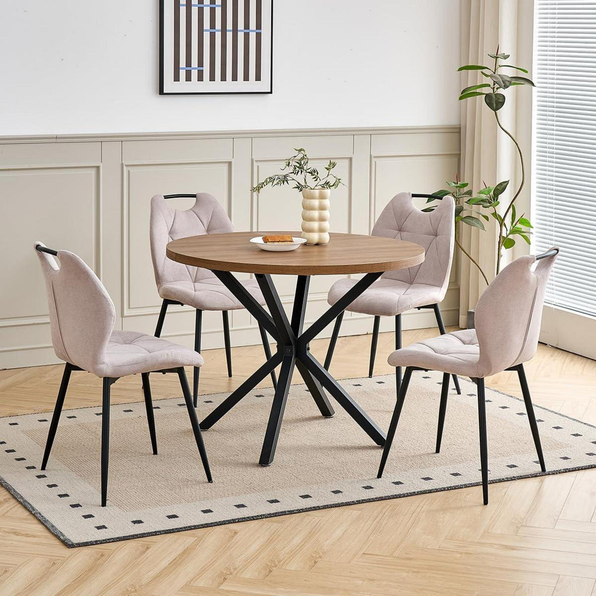 Runder Esstisch Set mit 4 Polsterstühlen im Nordic Stil