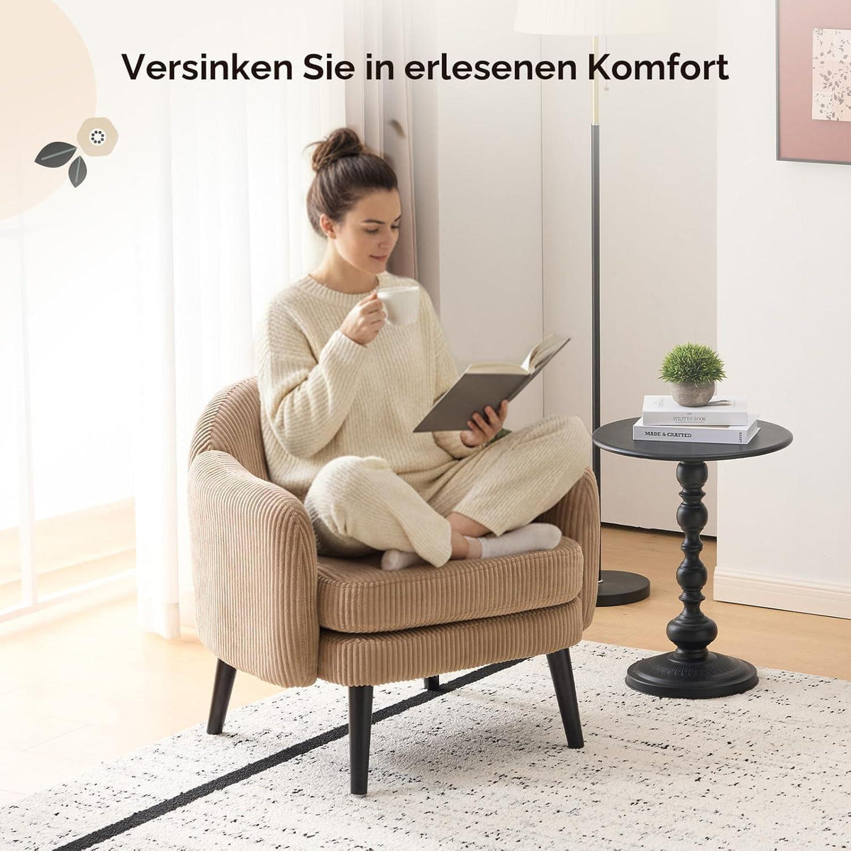 Gepolsterter Cord Loungesessel Khaki – Modern & Bequem