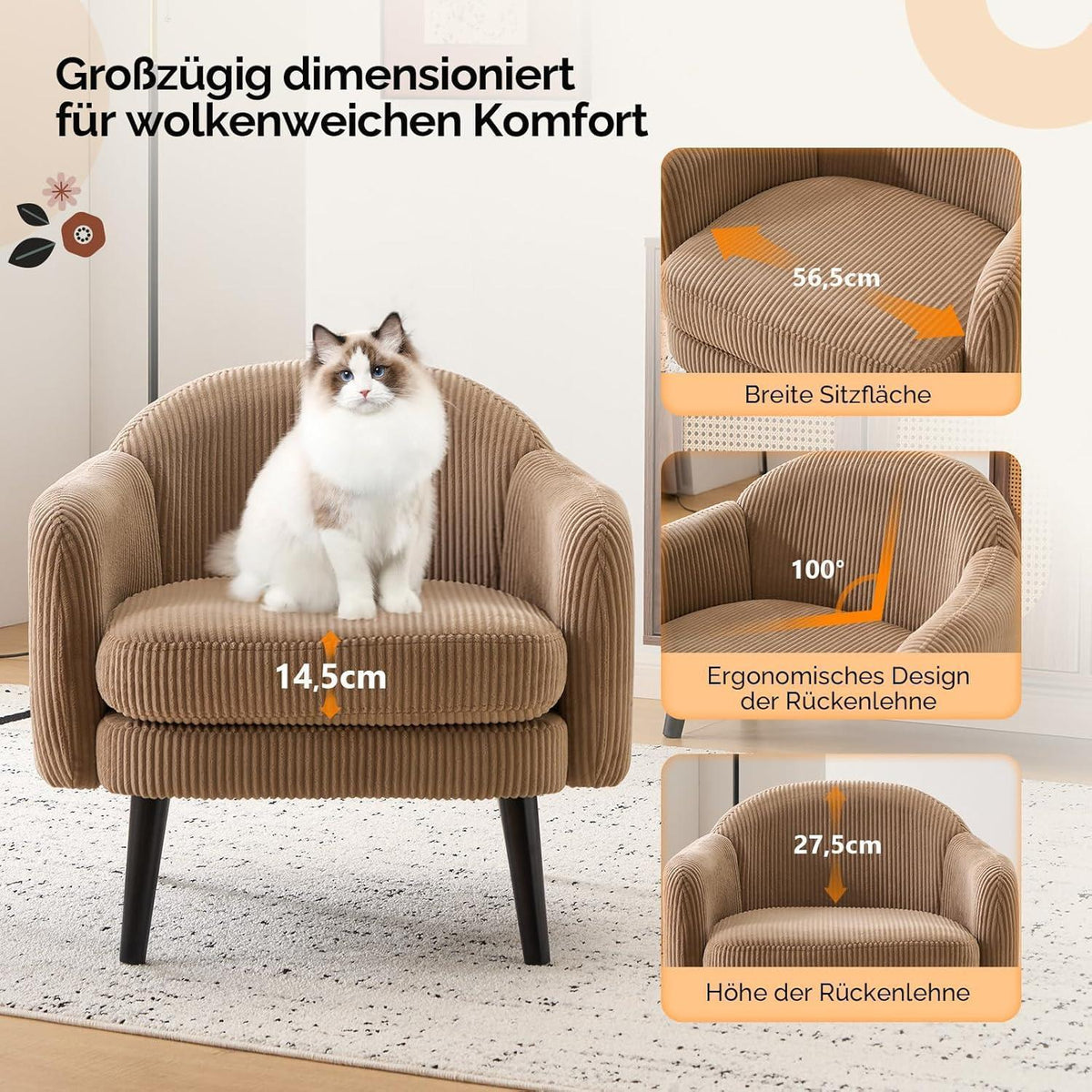 Gepolsterter Cord Loungesessel Khaki – Modern & Bequem
