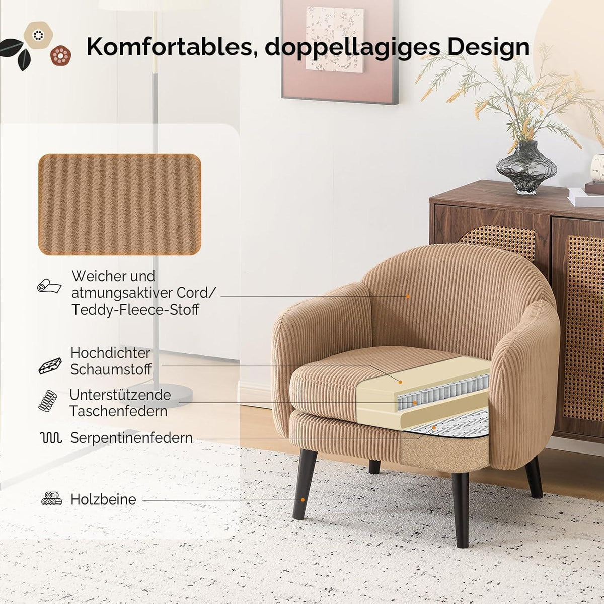 Gepolsterter Cord Loungesessel Khaki – Modern & Bequem