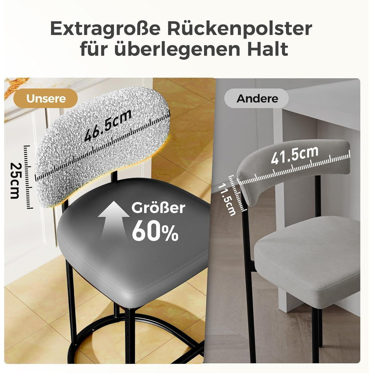 Barhocker Set 2er mit Lehne & Fußstütze – Grau